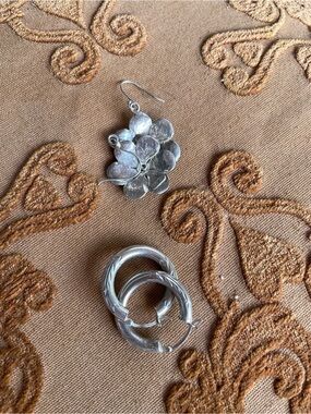 Silver Floral Drop Earrings and Textured Hoop Earrings - Silver
